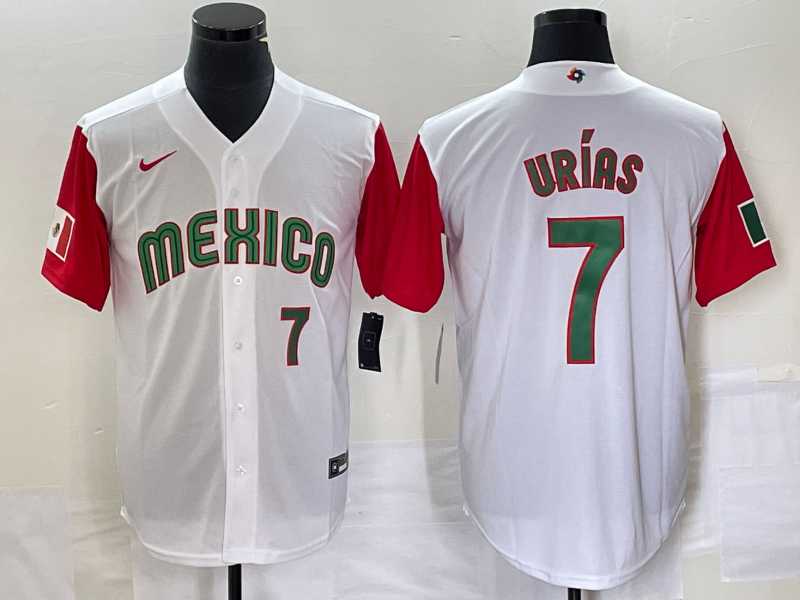 Men%27s Mexico Baseball #7 Julio Urias Number 2023 White Red World Classic Stitched Jersey 55